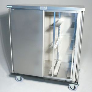 chariot de transport / pour container de stérilisation / avec porte battante / en acier inoxydable