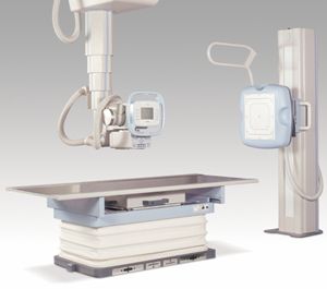 système de radiographie / numérique / pour radiographie polyvalente / avec bras porte-tube plafonnier télescopique