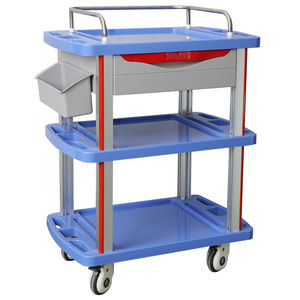 chariot de soins / 1 tiroir / 3 plateaux / avec bac latéral