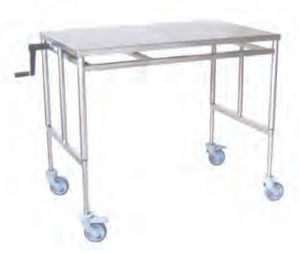 table à instruments hydraulique / sur roulettes / à hauteur variable / en acier inoxydable
