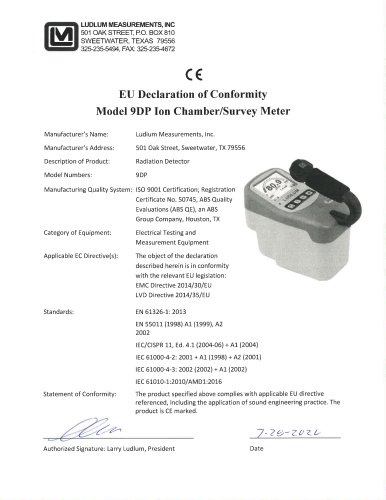 EU Declaration of Conformity Model 9DP Ion Chamber/Survey Meter