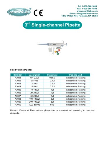 3RD SINGLE-CHANNEL ADJUSTABLE VOLUME PIPETTE 10-100ΜL