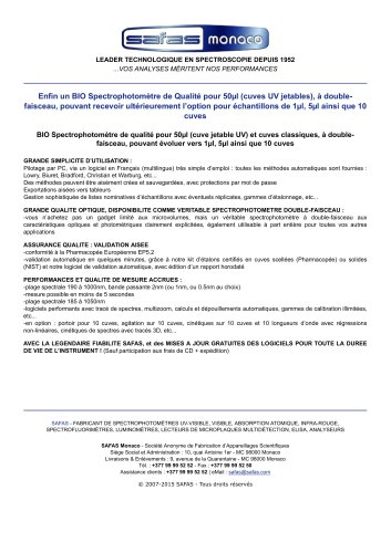 BIO Spectrophotomètre de qualité pour 50µl (cuve jetable UV) et cuves classiques, à double-faisceau, pouvant évoluer vers 1µl, 5µl ainsi que 10 cuves