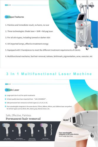 Diode laser+IPL SHR+ND YAG 3 LASER in one machine. BVLASER can provide OEM&ODM service.