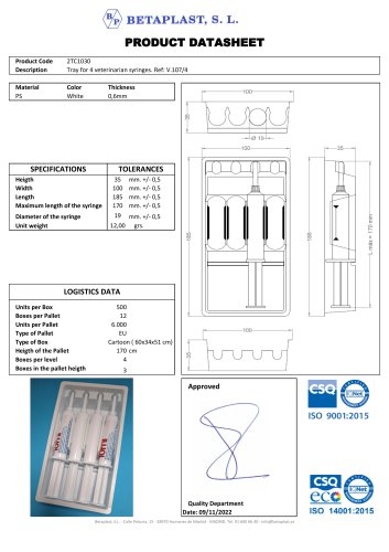 2IN012 Datasheet Tray for veterinarian Syringe