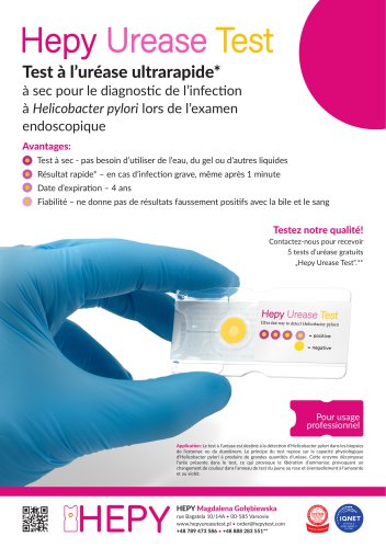 Hepy Urease Test - Test à l’uréase ultrarapide à sec pour le diagnostic de l’infection à Helicobacter pylori lors de l’examen endoscopique