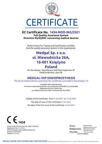 Certificate EC MEDGAL-HIP ENDOPROSTHESIS