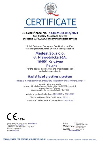 Certificate EC Radial head prosthesis system