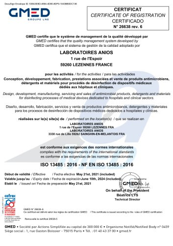 Laboratoires ANIOS ISO 13485 Produits antimicrobiens et détergents et Matériels pour procédés de désinfection de Dispositifs Médicaux