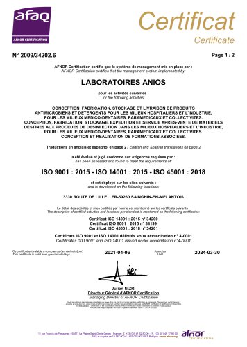 Laboratoires ANIOS ISO 9001 : 2021 ISO 14001:2015 - ISO 45001 : 2018/a