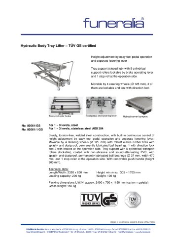 Hydraulic Body Tray Lifter - TÜV GS certified