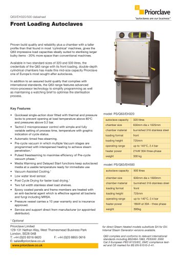 Front Loading 320 & 500L Priorclave Datasheet