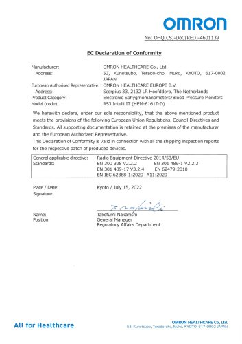 EC Declaration of Conformity RS3 Intelli IT (HEM-6161T-D)