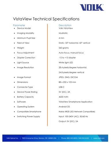 VistaView Technical Specifications