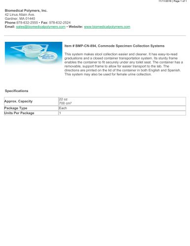 BMP-CN-894, Commode Specimen Collection Systems