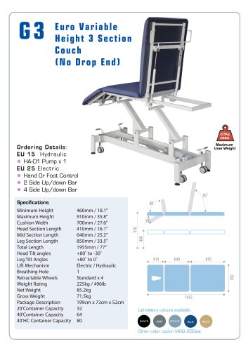 Euro Variable Height 3 Section Couch (No Drop End)